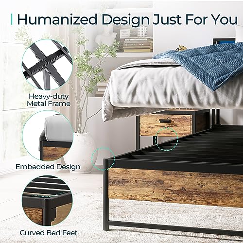 LINSY Queen Bed Frame with Ergonomic Headboard, Fast Assembly Industrial Bed Frame Queen Size with Lights & Charging Station, Platform Metal Bed Frame Queen with Storage, Rustic Brown