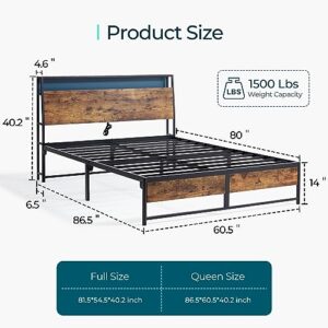 LINSY Queen Bed Frame with Ergonomic Headboard, Fast Assembly Industrial Bed Frame Queen Size with Lights & Charging Station, Platform Metal Bed Frame Queen with Storage, Rustic Brown