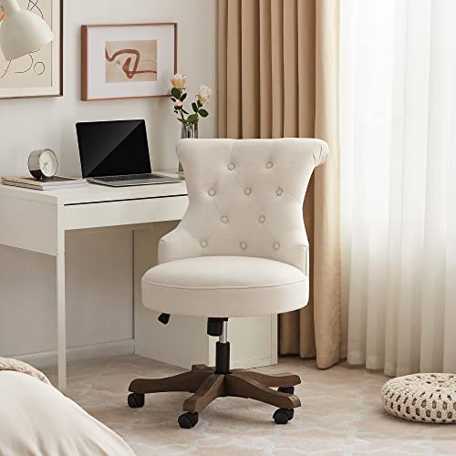 Batohom Home Office Chair Adjustable Height Swivel Chair with Wheels Linen Fabric Upholstered Computer Desk Chair with Wooden Legs Comfortable Armless Chair for Home Office Study Studio(Beige)