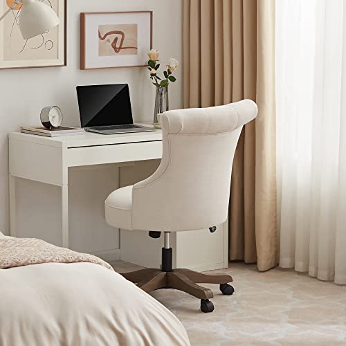 Batohom Home Office Chair Adjustable Height Swivel Chair with Wheels Linen Fabric Upholstered Computer Desk Chair with Wooden Legs Comfortable Armless Chair for Home Office Study Studio(Beige)