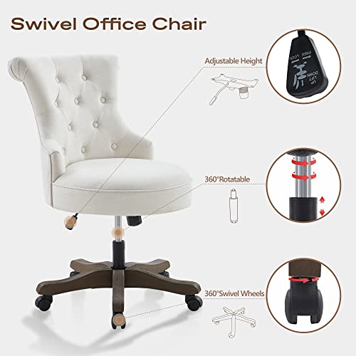 Batohom Home Office Chair Adjustable Height Swivel Chair with Wheels Linen Fabric Upholstered Computer Desk Chair with Wooden Legs Comfortable Armless Chair for Home Office Study Studio(Beige)