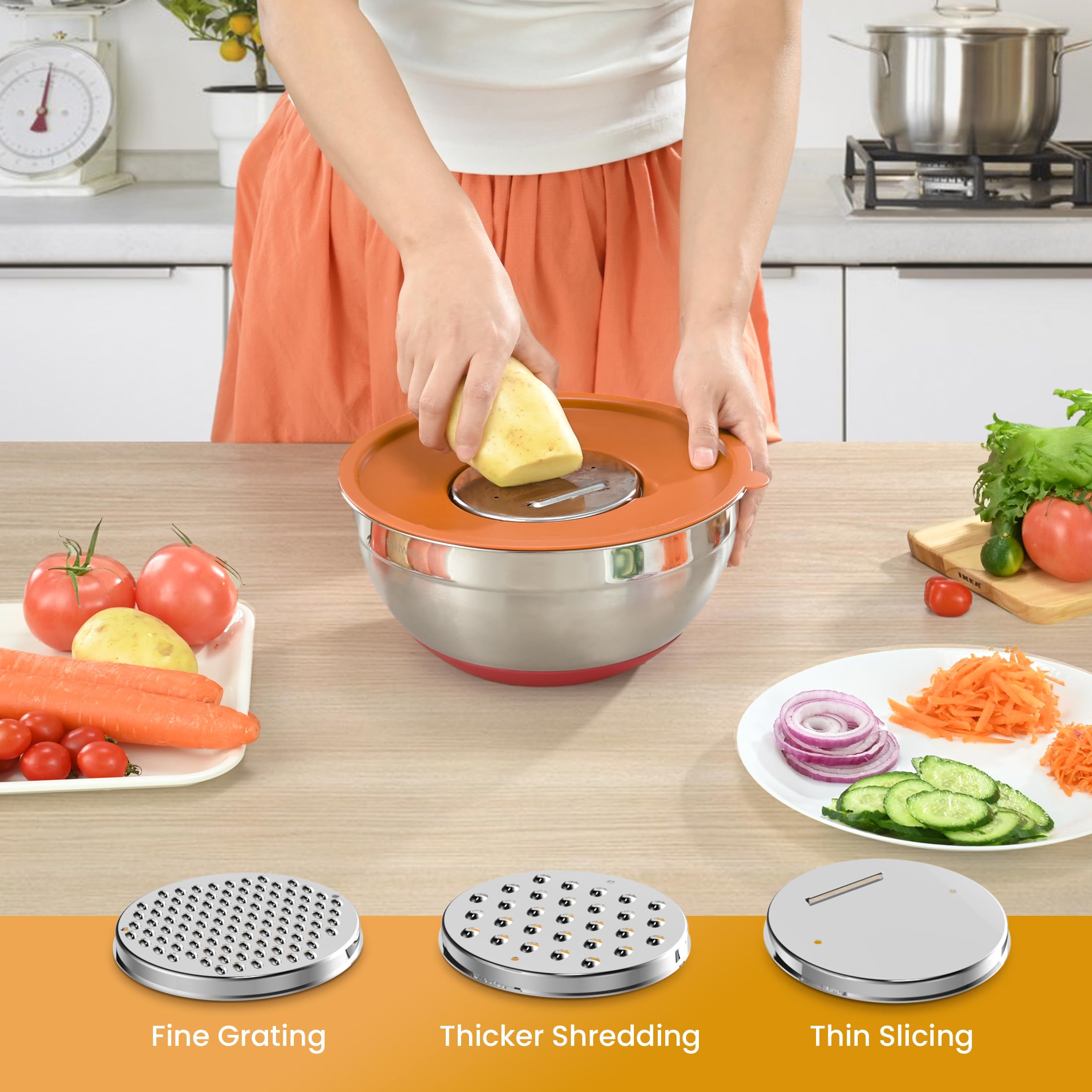 Humiwing Mixing Bowls with Lid Set, Mixing Bowls for Kitchen with Lids, Nesting Bowls with 3 Grater Attachments & Non-Slip Bottoms for Mixing, Serving, Baking, Prepping