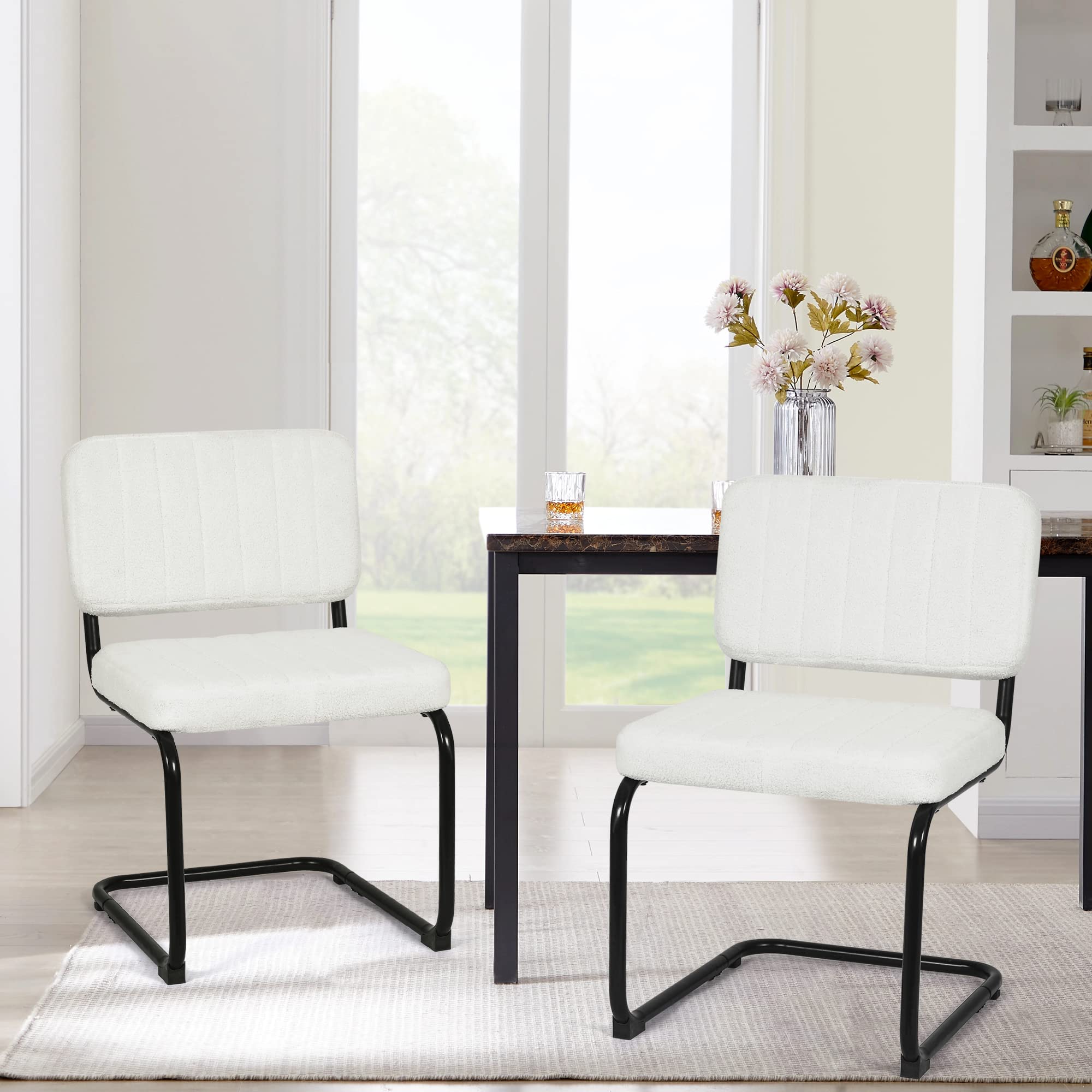 Homebeez Armless Dining Chairs Modern Accent Chairs,Upholstered Side Chairs with Black Metal Legs Set of 2, for Dining Room, Living Room, Kitchen,White