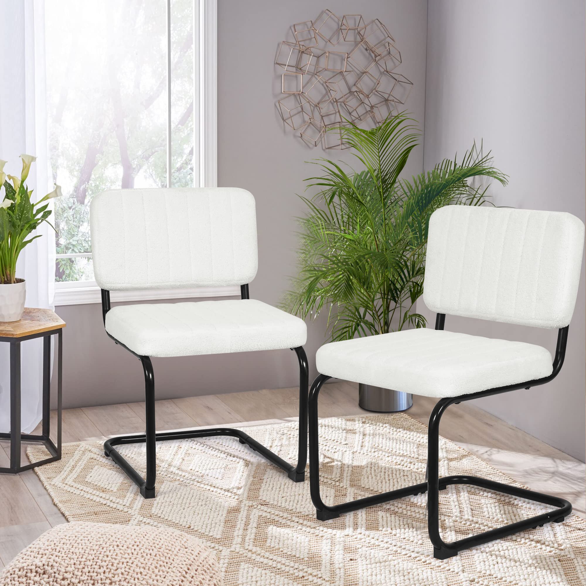 Homebeez Armless Dining Chairs Modern Accent Chairs,Upholstered Side Chairs with Black Metal Legs Set of 2, for Dining Room, Living Room, Kitchen,White