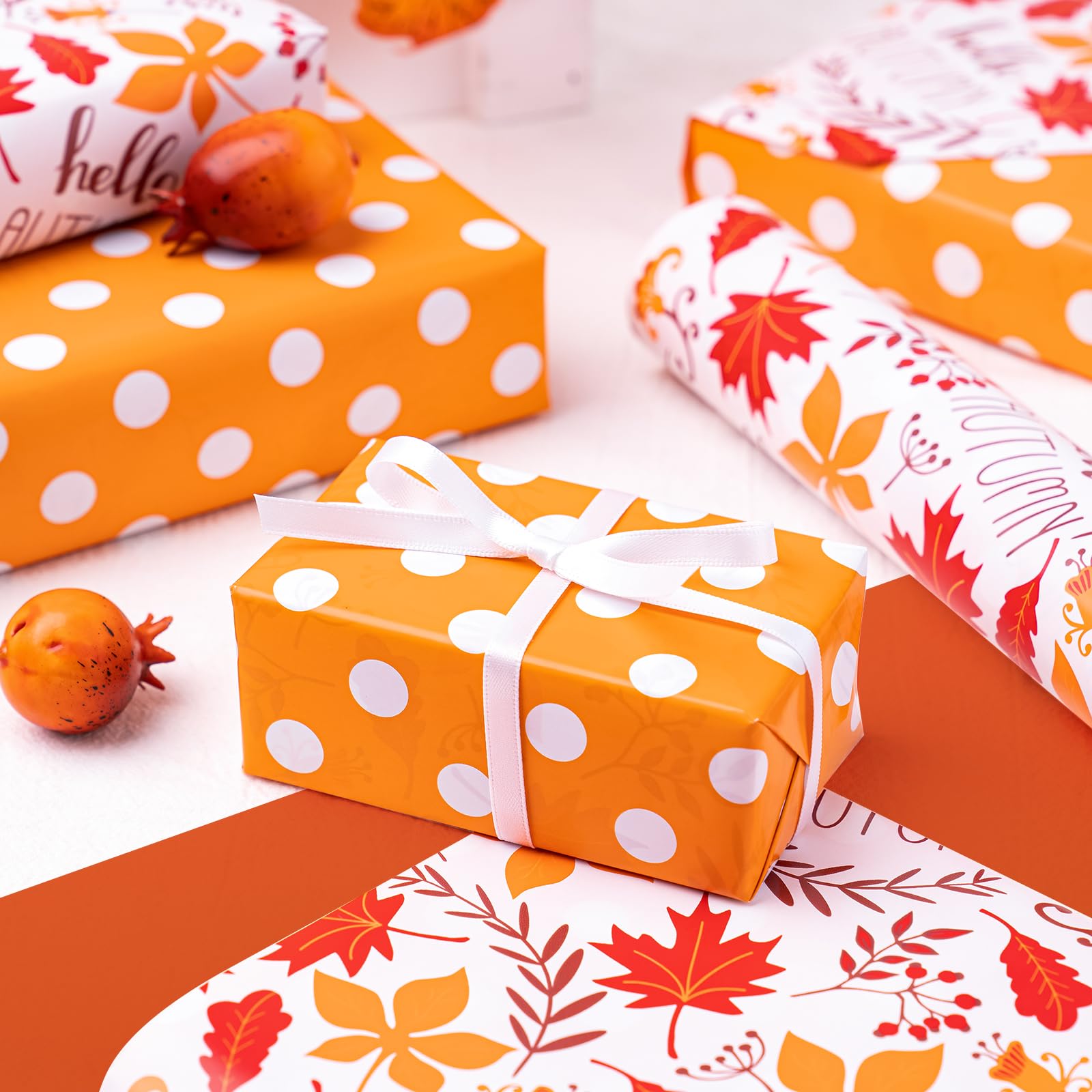 WRAPAHOLIC Reversible Autumn Wrapping Paper - Mini Roll - 17 Inch X 33 Feet - Maple Leaf and Orange Polka Dots Autumn Design for Fall Celebrating, Holiday, Party