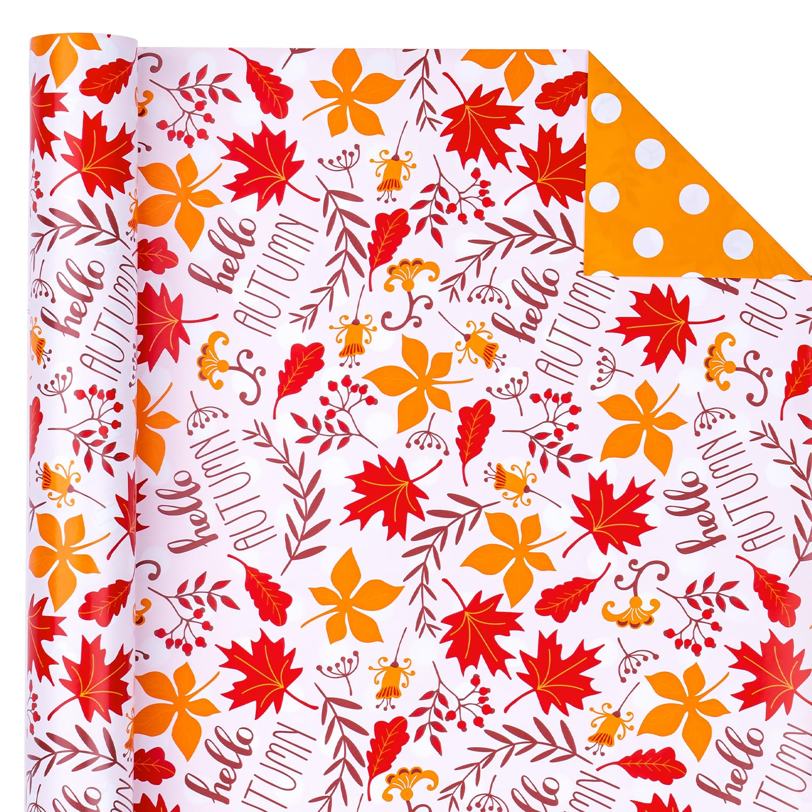 WRAPAHOLIC Reversible Autumn Wrapping Paper - Mini Roll - 17 Inch X 33 Feet - Maple Leaf and Orange Polka Dots Autumn Design for Fall Celebrating, Holiday, Party