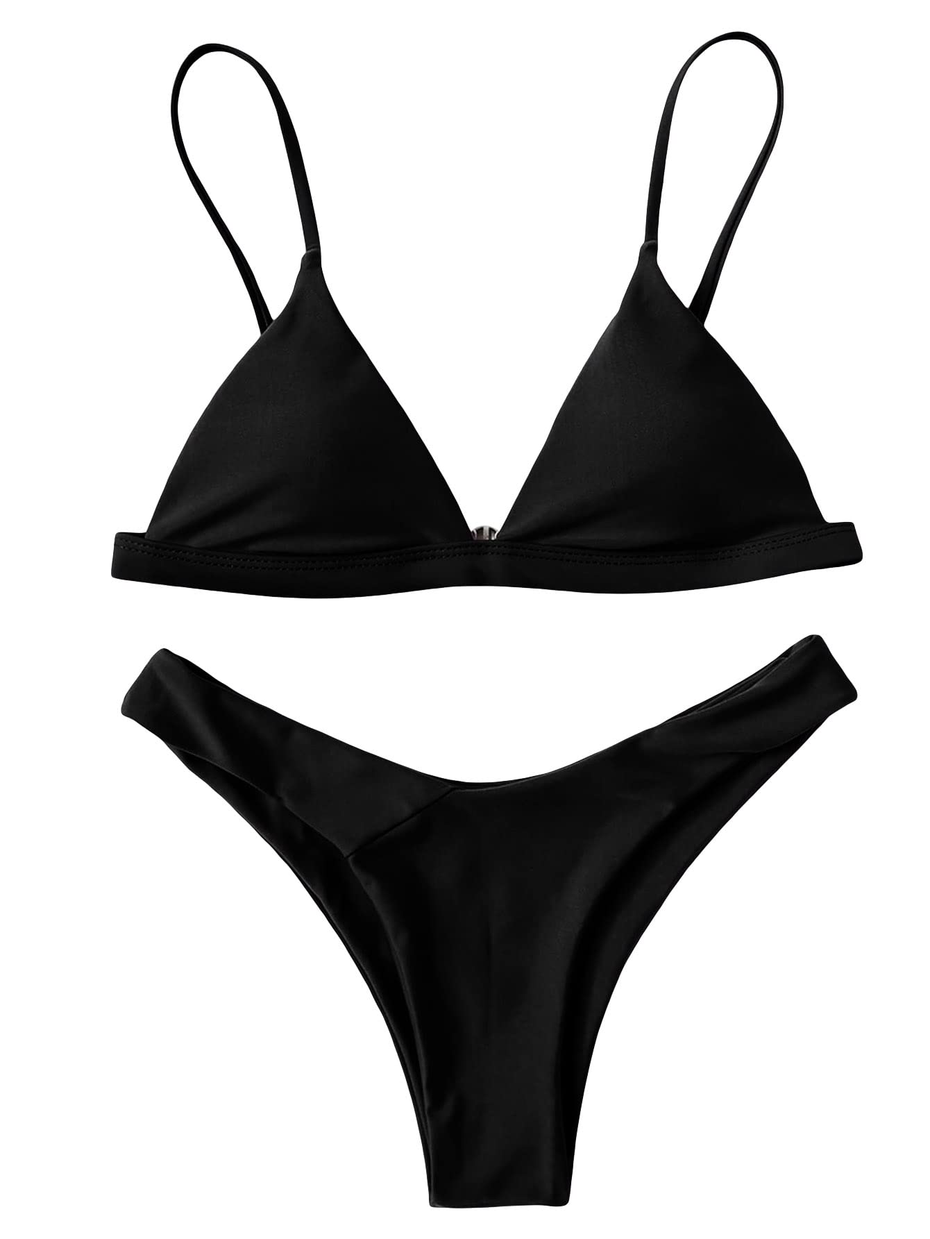 SOLY HUX Bikini Sets for Women Sexy Triangle High Cut Bikini Bathing Suits 2 Piece Swimsuit Solid Black L