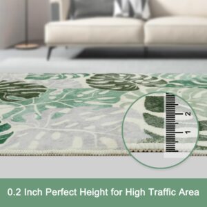 Wonnitar Monstera 3x5 Washable Rug,Sage Green Leaf Area Rugs for Bedroom,Non-Slip Living Room Throw Rug Entry Mat,Low Pile Faux Wool Indoor Carpet for Kitchen Bathroom Office