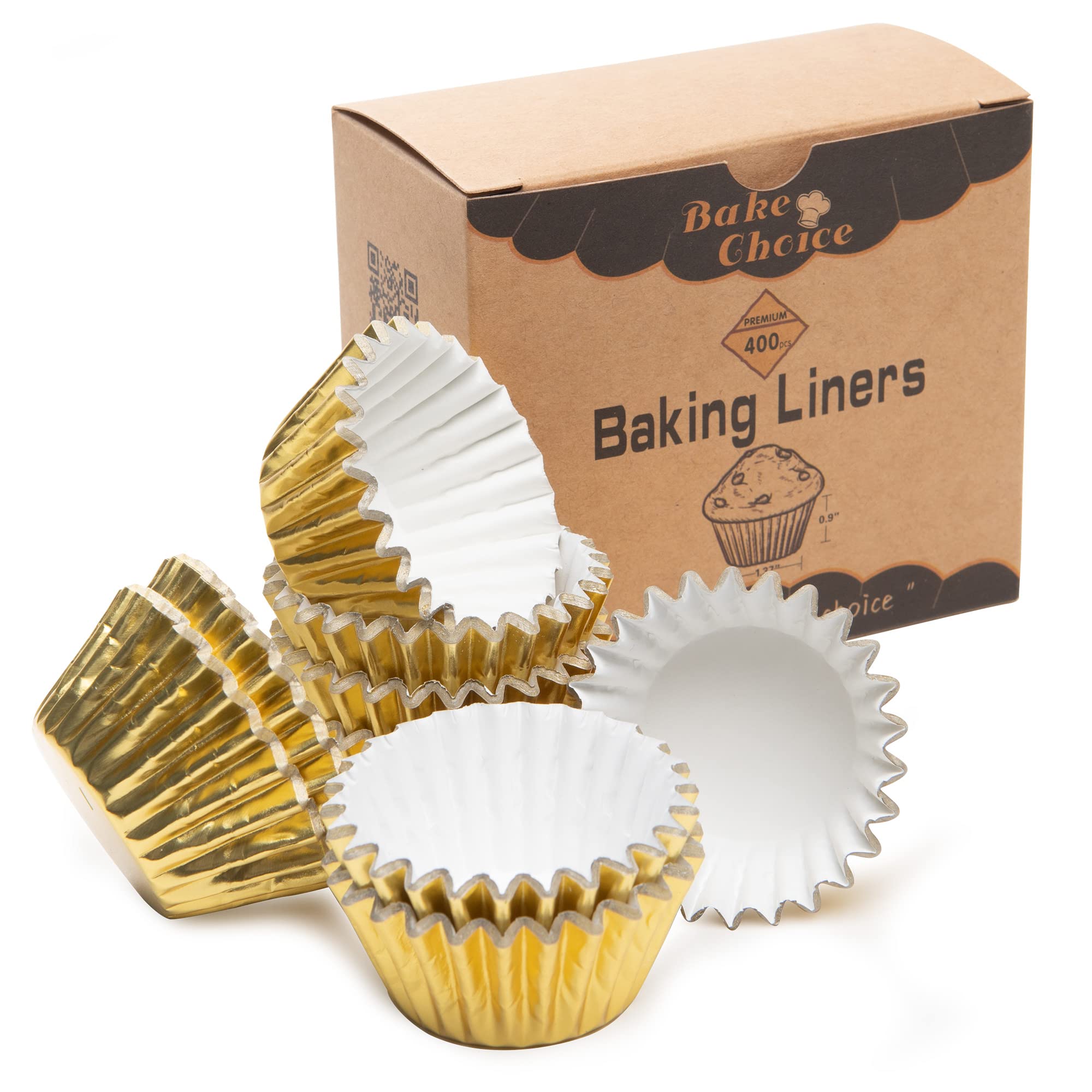 Bake Choice Non-Stick 400pcs Gold Mini Cupcake Liners for baking, Mini Size Foil muffin liners Cupcake Wrappers, Christmas Cupcake Liners for Christmas Decorations