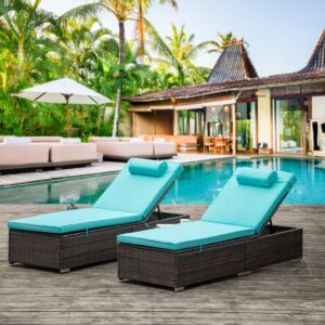 Outdoor 2 Piece PE Wicker Rattan Chaise Lounge,Patio Furniture Sets with Adjustable Backrest and Comfort Head Pill,for Porch Lawn Garden Backyard Poolside (Blue#s)