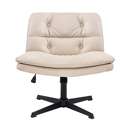 HomVent Armless Office Desk Chair No Wheels, PU Leather Padded Modern Swivel Vanity Chair, Ergonomic Mid Back Adjustable Wide Seat Computer Task Chair for Makeup Vanity Study Room Office Bedroom Beige