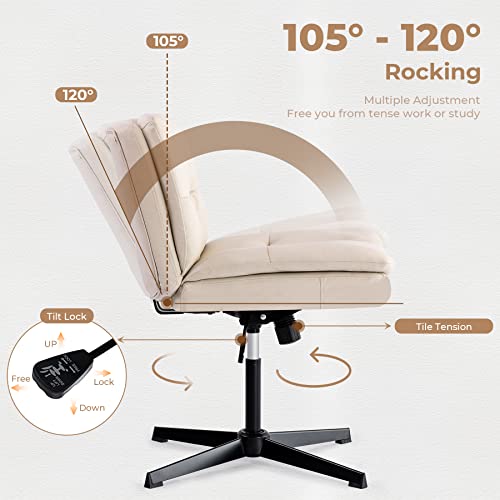 HomVent Armless Office Desk Chair No Wheels, PU Leather Padded Modern Swivel Vanity Chair, Ergonomic Mid Back Adjustable Wide Seat Computer Task Chair for Makeup Vanity Study Room Office Bedroom Beige