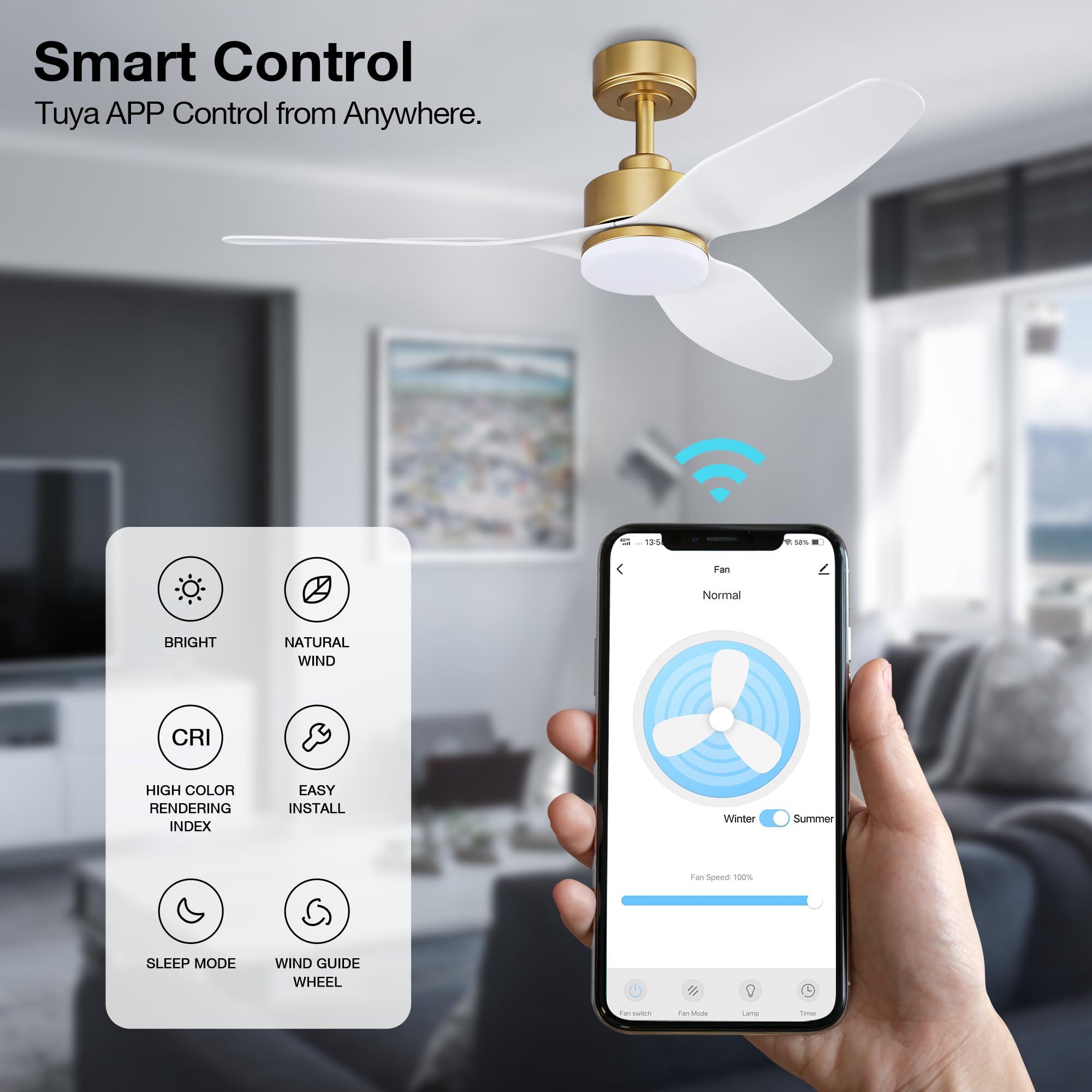 Hoenofly 48 Inch Smart Ceiling Fans with Lights and Remote Control,Dimmable LED Light,Outdoor Indoor Gold White Ceiling Fan,Quiet DC Motor,WIFI Alexa App Workable,for Modern Bedroom Living Room Patio