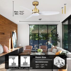 Hoenofly 48 Inch Smart Ceiling Fans with Lights and Remote Control,Dimmable LED Light,Outdoor Indoor Gold White Ceiling Fan,Quiet DC Motor,WIFI Alexa App Workable,for Modern Bedroom Living Room Patio