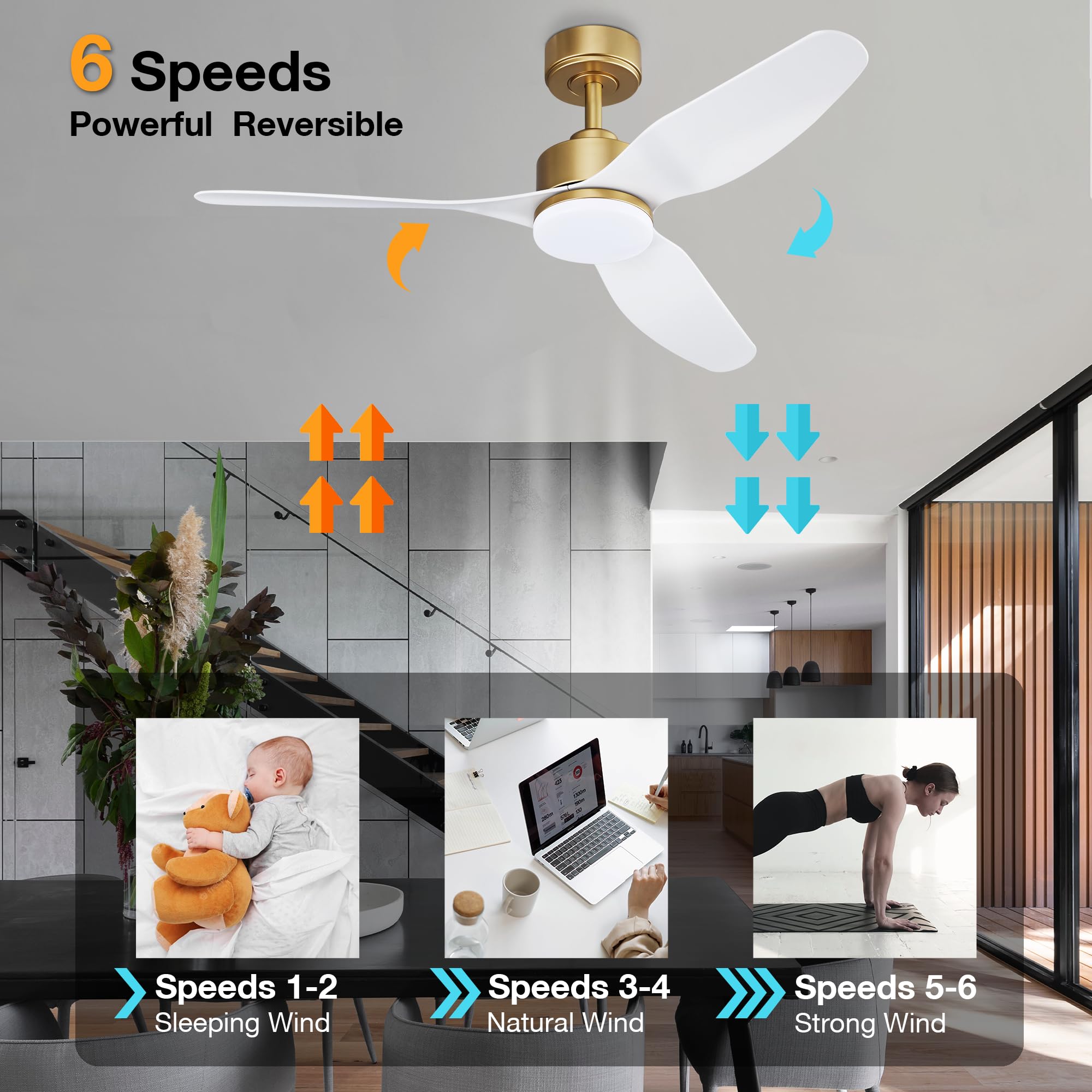 Hoenofly 48 Inch Smart Ceiling Fans with Lights and Remote Control,Dimmable LED Light,Outdoor Indoor Gold White Ceiling Fan,Quiet DC Motor,WIFI Alexa App Workable,for Modern Bedroom Living Room Patio