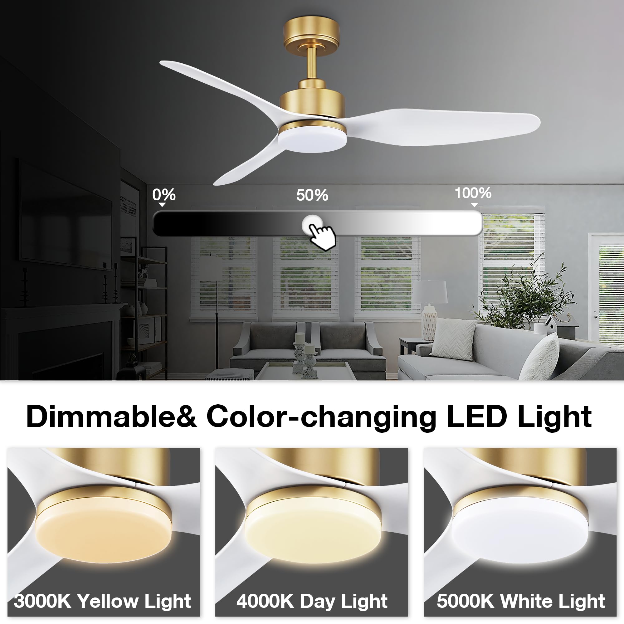 Hoenofly 48 Inch Smart Ceiling Fans with Lights and Remote Control,Dimmable LED Light,Outdoor Indoor Gold White Ceiling Fan,Quiet DC Motor,WIFI Alexa App Workable,for Modern Bedroom Living Room Patio