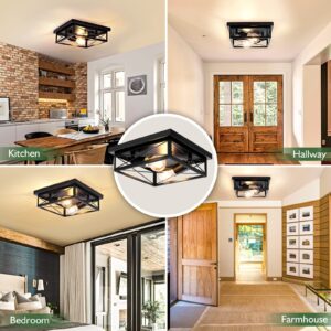 ONELEJA Black Rustic Flush Mount Ceiling Light Fixture, 2 lights Industrial Square Metal Cage Farmhouse Ceiling Light for Hallway Entryway Kitchen Bedroom Porch