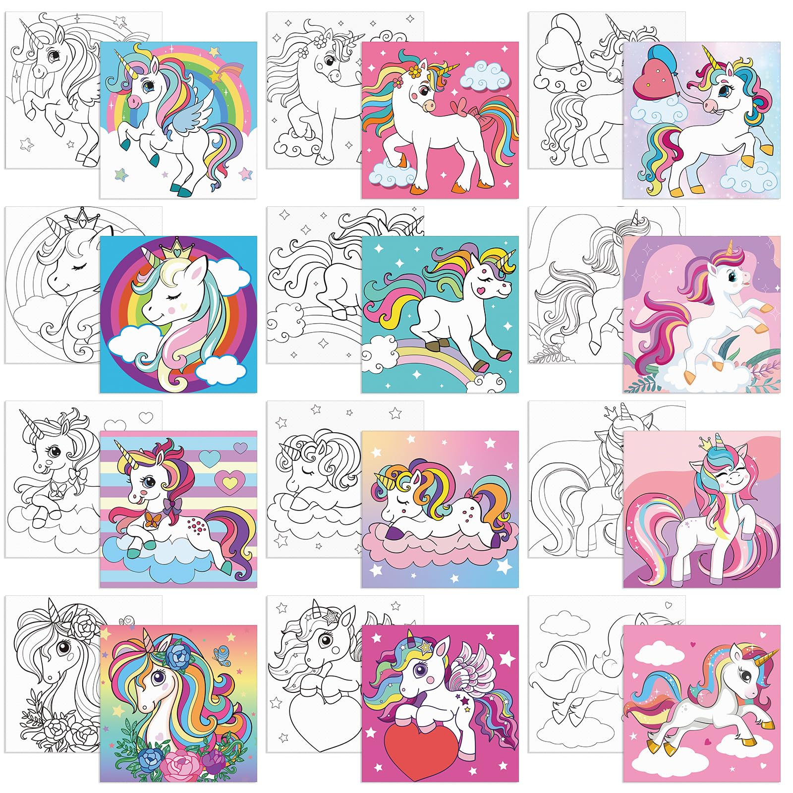 Sherr 12 Pcs Pre Printed Canvas Cute Canvas Painting Set for Kids Printed Canvas to Paint Canvas Set Theme Canvas Painting for Party Favor(8 x 8 Inch, Unicorn)