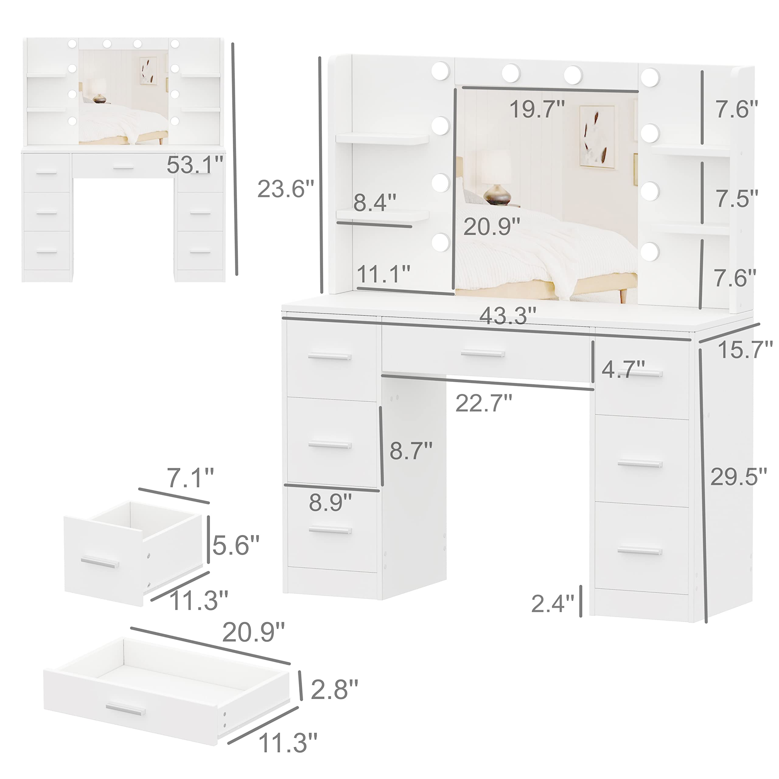 Irontar Vanity Desk, Makeup Vanity with 10 LED Lights & 7 Metal Sliding Drawers, Brightness Adjustable, Vanity Table with 6 Open Shelves, Makeup Table for Women, White WDT005W