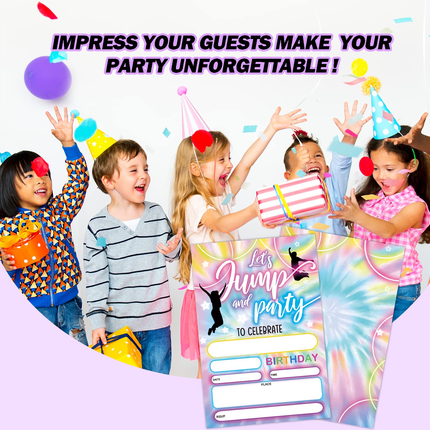 Jump Trampoline Party Birthday Invitations, Bounce House Party Invitations for Boys Girls Kids, Jumping Party Invitations, Jump Party Invites (20 Sets 4" x 6" Cards with Envelopes) - JY565