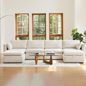 CHITA Oversized Modular Sectional Fabric Sofa Set, FSC Certified Extra Large U Shaped Couch Reversible Chaise Modular Sectional Couch, 146 inch Width, 6 Seat Modular Sofa with Storage Ottomans, Linen