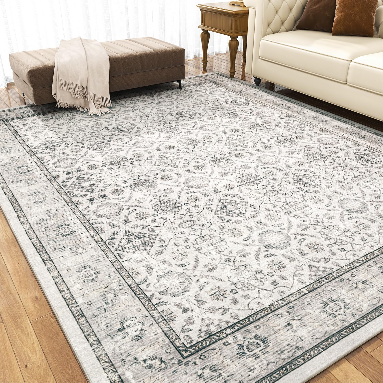 8x10 Washable Area Rug for Living Room Bedroom - Vintage Boho Carpet Large Soft Distressed Floral Floor Rug for Dinning Room Playroom Home Office Indoor Room Decor,Grey