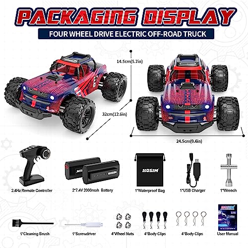 Hosim 1:14 RC Cars with Colorful LED Lights, 40+ KPH High Speed Remote Control Car, 4X4 RTR Fast RC Trucks Waterproof Hobby Toy Off-Road Jumping Crawler Electric Vehicle for Boys Children Adults (Red)