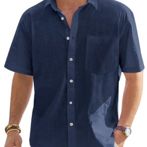 J.VER Men's Short Sleeve Linen Cotton Shirts Casual Button Down Shirt Summer Beach Tops with Pocket Navy Blue Medium