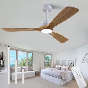 qutwob 52" wood ceiling fan with lights remote control,quiet dc motor 3 blade ceiling fans for patio living room, bedroom, office,indoor outdoor(raw wood+white)