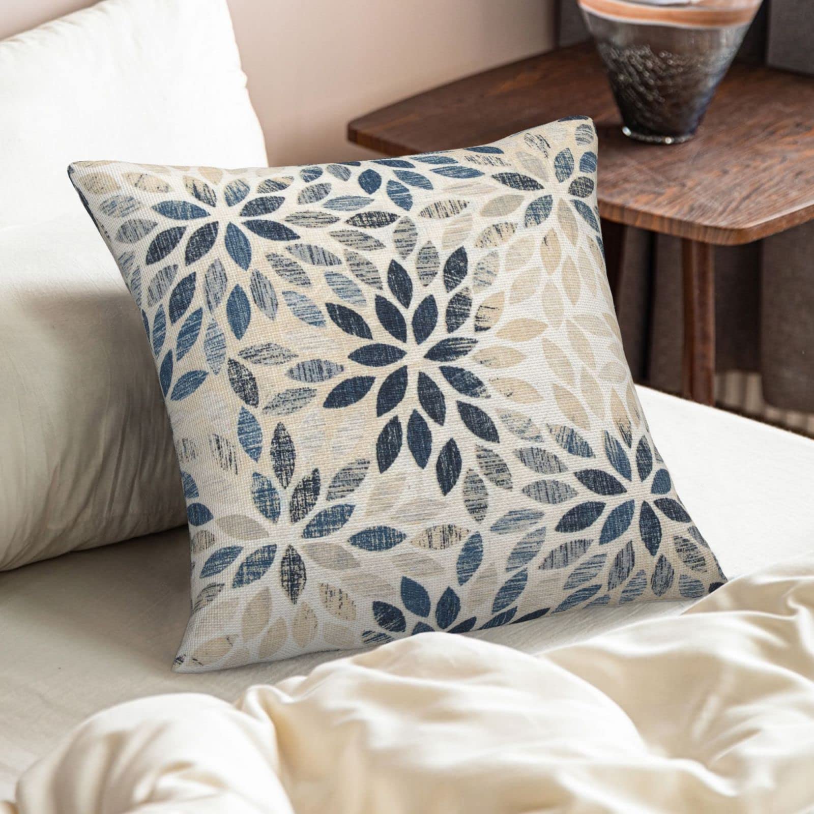 Dahlia Pillow Covers 18x18 Inch Set of 2 Summer Rust Geometric Flower Outdoor Decorative Throw Pillows Farmhouse Navy Blue Pillow Case Linen Square Cushion Cover for Home Sofa Bedroom Living Room