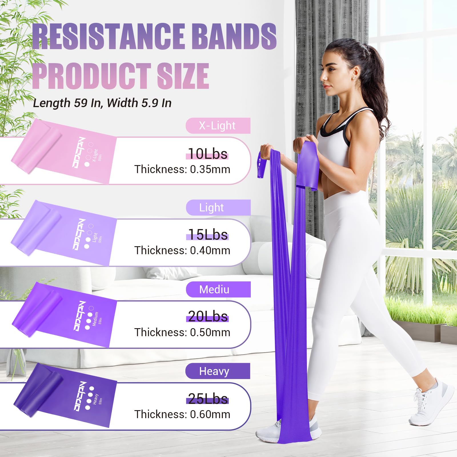 Resistance Bands for Physical Therapy Women, Extended 4.9FT Exercise Stretch Bands for Yoga, Pilates, Rehab, Fitness and Strength Training, Elastic Workout Bands with Training Poster(Purple)