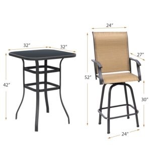 Devoko Patio Swivel Bar Set 3 Pieces Patio High Top Bar Table and Stools Chairs Set Textilene Sling Fabric Outdoor Bar Stools Set of 2 for Garden, Balcony