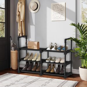 Kayfia Small Shoe Rack 3 Tiers Shoe Rack Organizer Holds 12-15 Pairs Metal Shoe Stand Lightweight Shoe Organizer with Fabric Sturdy Shoe Shelf Storage for Entryway and Closet, Black