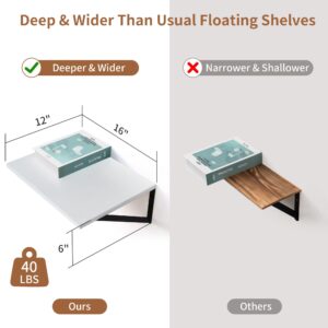 Axeman Deep Floating Shelves for Wall, 12 Inch Deep White Floating Shelves, Wide Wood Wall Shelves Set of 2, 16W x 12D Floating Shelves for Wall Storage Decor - White