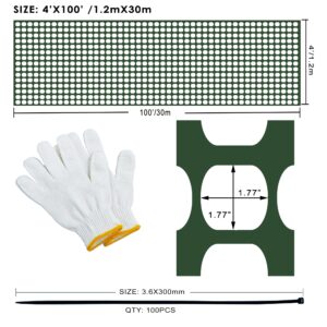 Fafaland Safety Fence Garden Netting Roll 4 X 100 Feet with Zip Ties, Temporary Reusable Plastic Mesh Fencing Netting for Snow Fence, Animal Barrier, etc. (4' X 100‘ SW, Green)