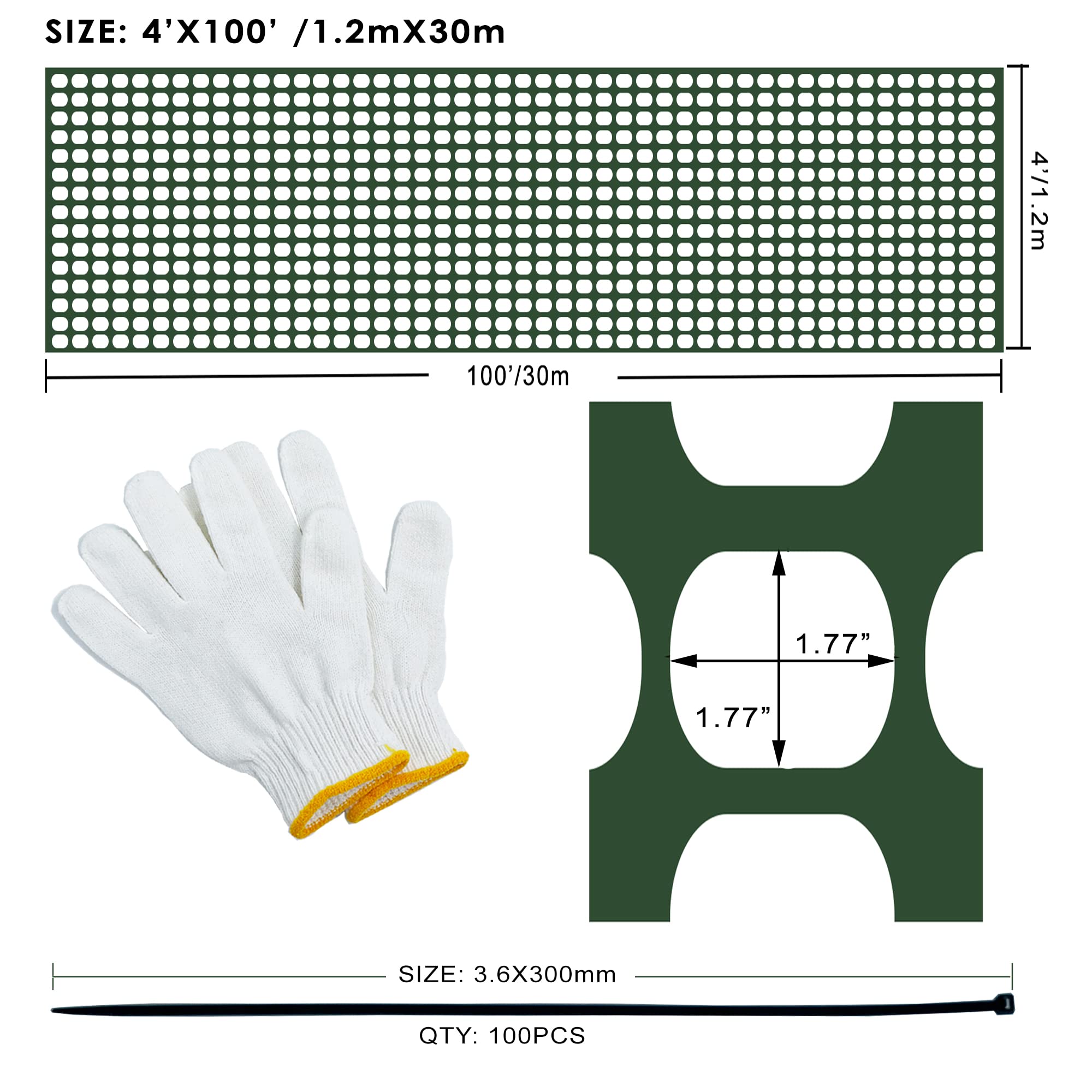 Fafaland Safety Fence Garden Netting Roll 4 X 100 Feet with Zip Ties, Temporary Reusable Plastic Mesh Fencing Netting for Snow Fence, Animal Barrier, etc. (4' X 100‘ SW, Green)