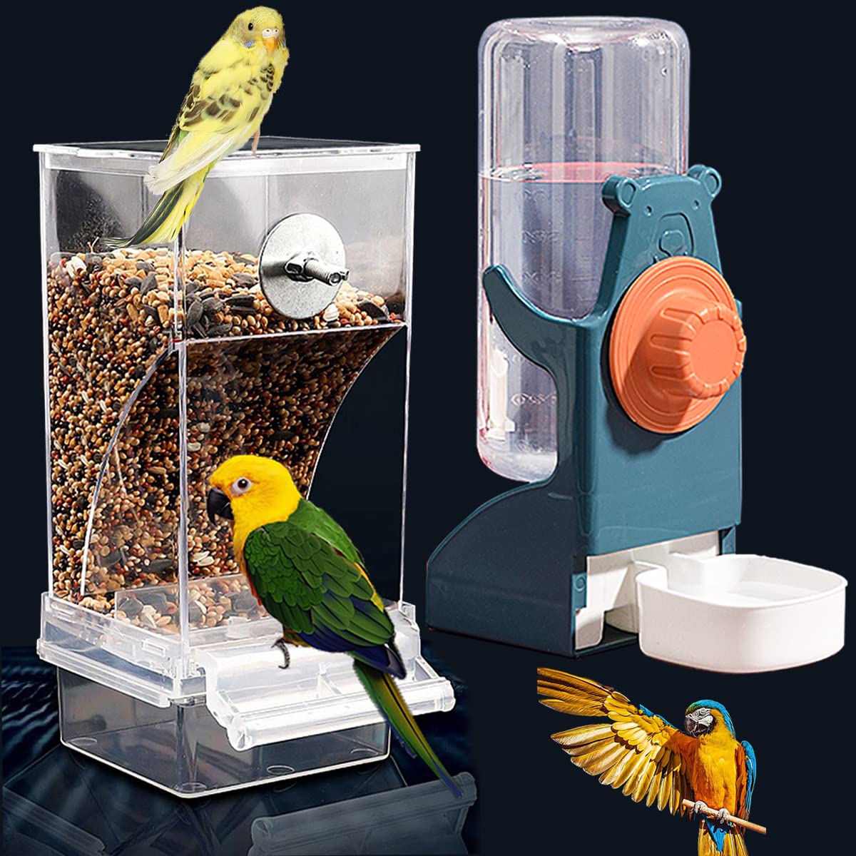 Kenond No Mess Bird Feeder Water Dispenser set, Automatic Parrot Feeder Cage Accessories, Clear Parakeet Seed container Food Feeder Drinker for Cage, Cockatiel Finch Lovebirds Budgies Canary (Blue)