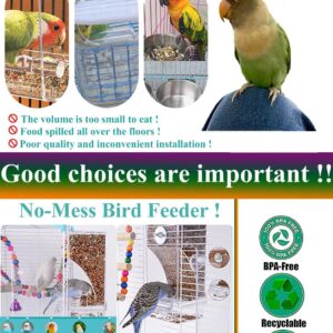 Kenond No Mess Bird Feeder Water Dispenser set, Automatic Parrot Feeder Cage Accessories, Clear Parakeet Seed container Food Feeder Drinker for Cage, Cockatiel Finch Lovebirds Budgies Canary (Blue)