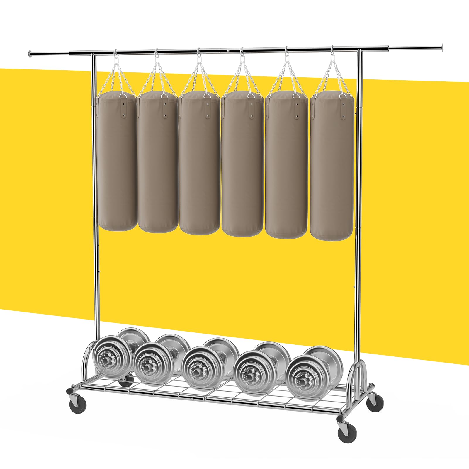 UEAKPIC Clothes Rack Heavy Duty Load 480lbs, Metal Grament Rack With Extensible Size, Rolling Clothing Rack 2-In-1 With Sturdy Wheels & Shelves For Hanging Clothes, Collapsible Wardrobe Rack,Chrome