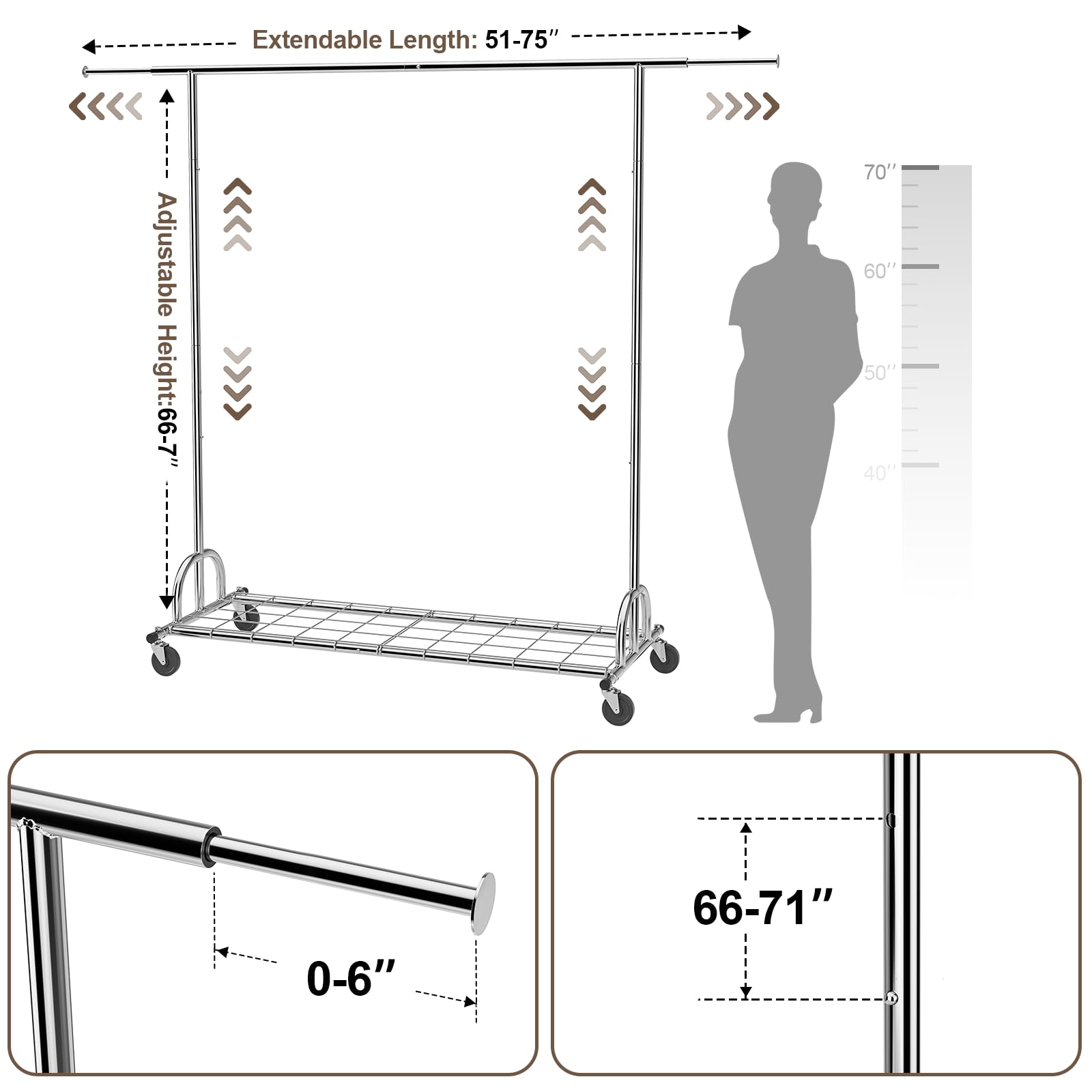 UEAKPIC Clothes Rack Heavy Duty Load 480lbs, Metal Grament Rack With Extensible Size, Rolling Clothing Rack 2-In-1 With Sturdy Wheels & Shelves For Hanging Clothes, Collapsible Wardrobe Rack,Chrome