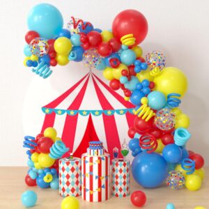 hyowchi plim plim birthday party supplies - circus carnival theme party decorations balloon garland arch, 145pcs red blue yellow balloon arch for carnival circus clown birthday baby shower decorations