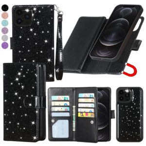 varikke for iphone 12 pro max case wallet, detachable magnetic flip fits iphone 12 pro max wallet case for women men with card holder & kickstand & wrist strap glitter pu leather cover 6.7", black