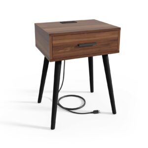 HAIOOU Set of 2 Mid Century Nightstand with Charging Station, End Table Modern Side Table One Drawer with Premium Matte Black Handle and Pine Wood Legs for Home Bedroom Living Room