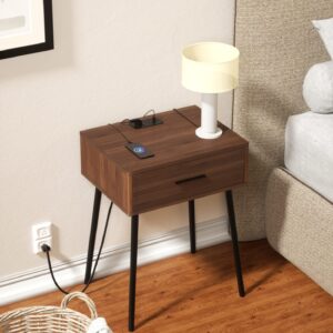 HAIOOU Set of 2 Mid Century Nightstand with Charging Station, End Table Modern Side Table One Drawer with Premium Matte Black Handle and Pine Wood Legs for Home Bedroom Living Room