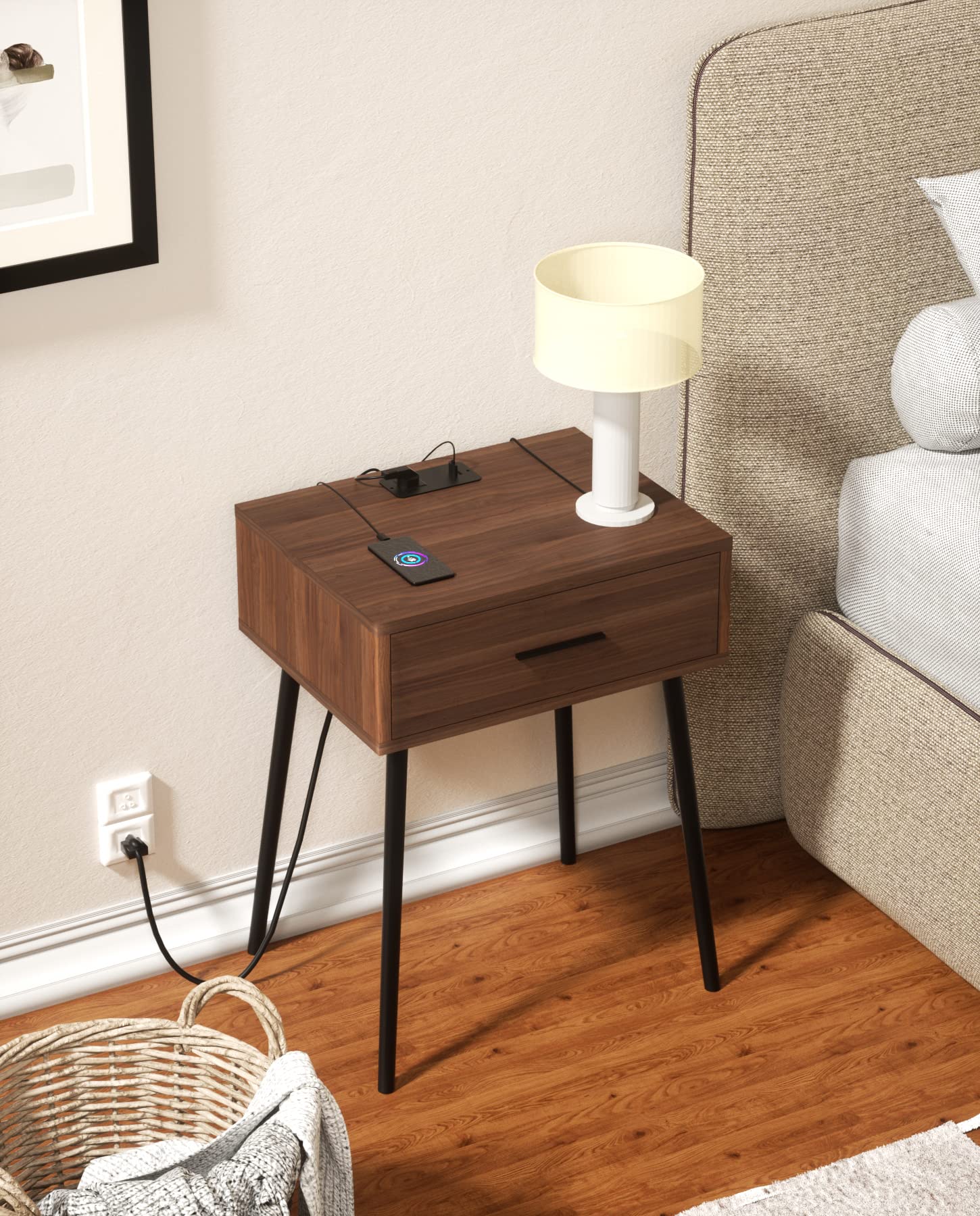 HAIOOU Set of 2 Mid Century Nightstand with Charging Station, End Table Modern Side Table One Drawer with Premium Matte Black Handle and Pine Wood Legs for Home Bedroom Living Room