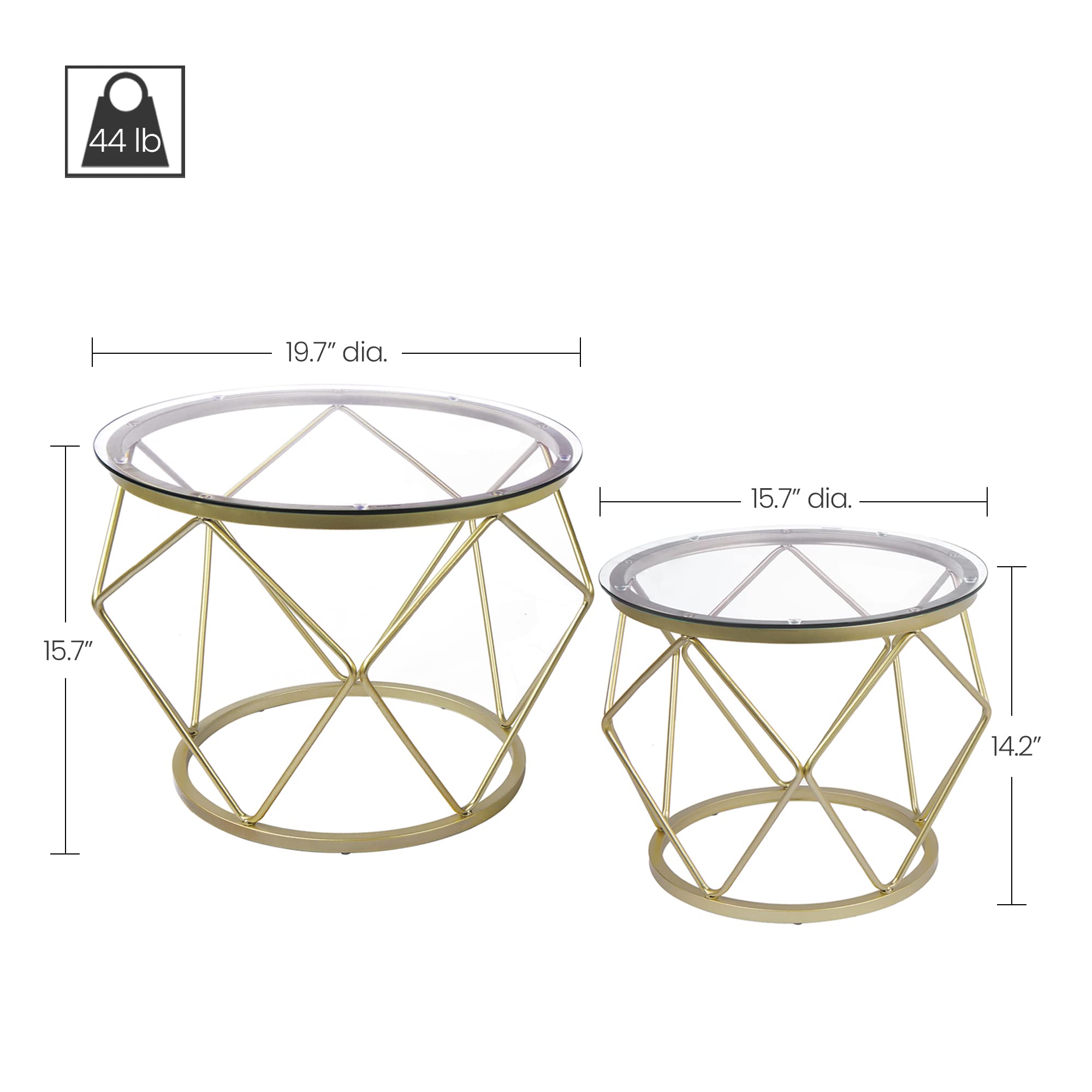 Hzuaneri Round Coffee Table Set of 2, Special-Shaped Small Side Tables, End Tables with Metal Frame and Tempered Glass Top, Modern Living Room Table Sets for Parlour, Bedroom, Office, Gold 01801GCTV1