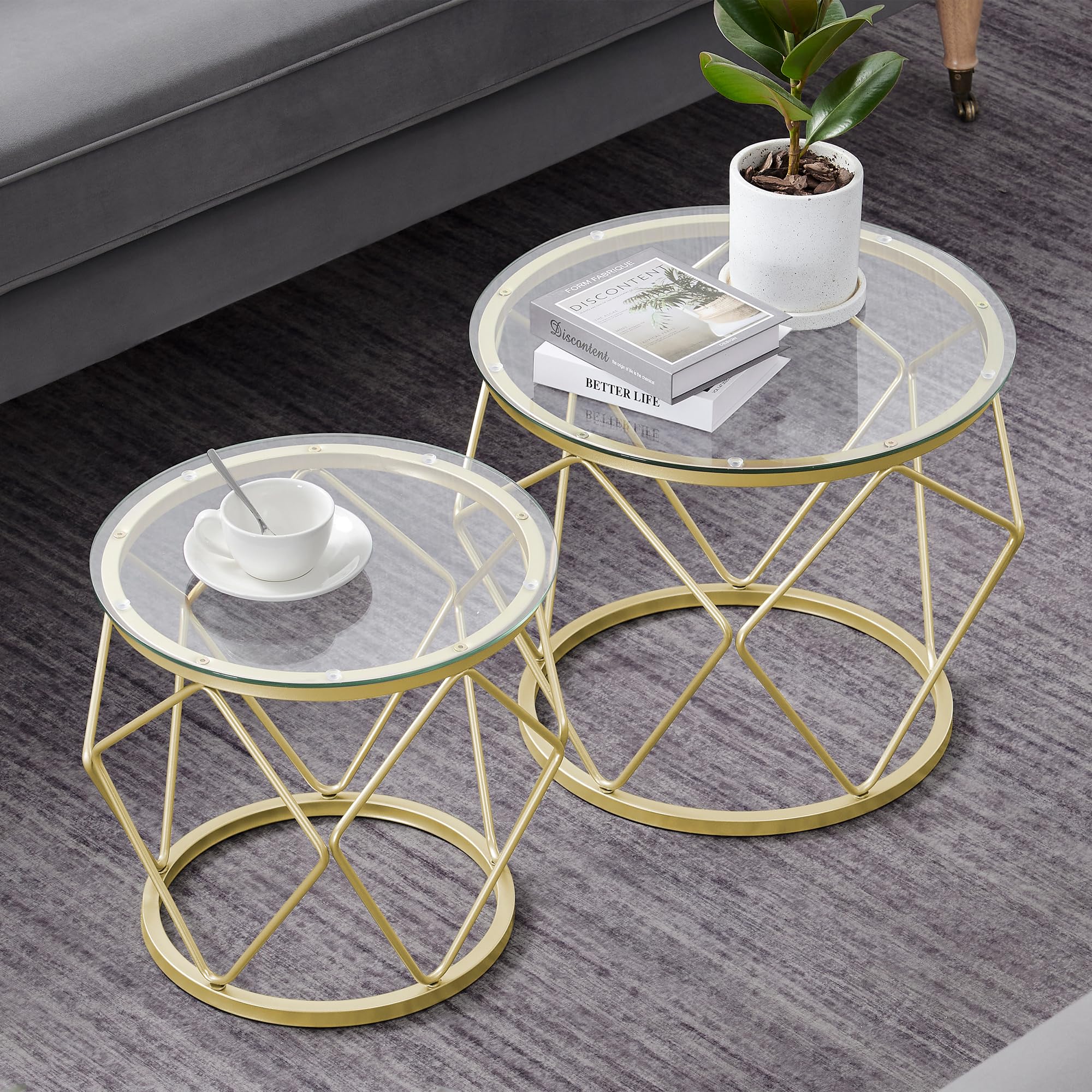 Hzuaneri Round Coffee Table Set of 2, Special-Shaped Small Side Tables, End Tables with Metal Frame and Tempered Glass Top, Modern Living Room Table Sets for Parlour, Bedroom, Office, Gold 01801GCTV1