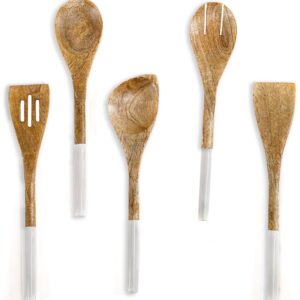 The Art Box Wooden Cooking Spoon Utensils Set of 5 - Kitchen Serving Tools Non-Stick Cookware12 Inch Wooden Fork, Corner Spoon, Slotted Turner, Spoon, Spatula For Baking, BPA Free, White