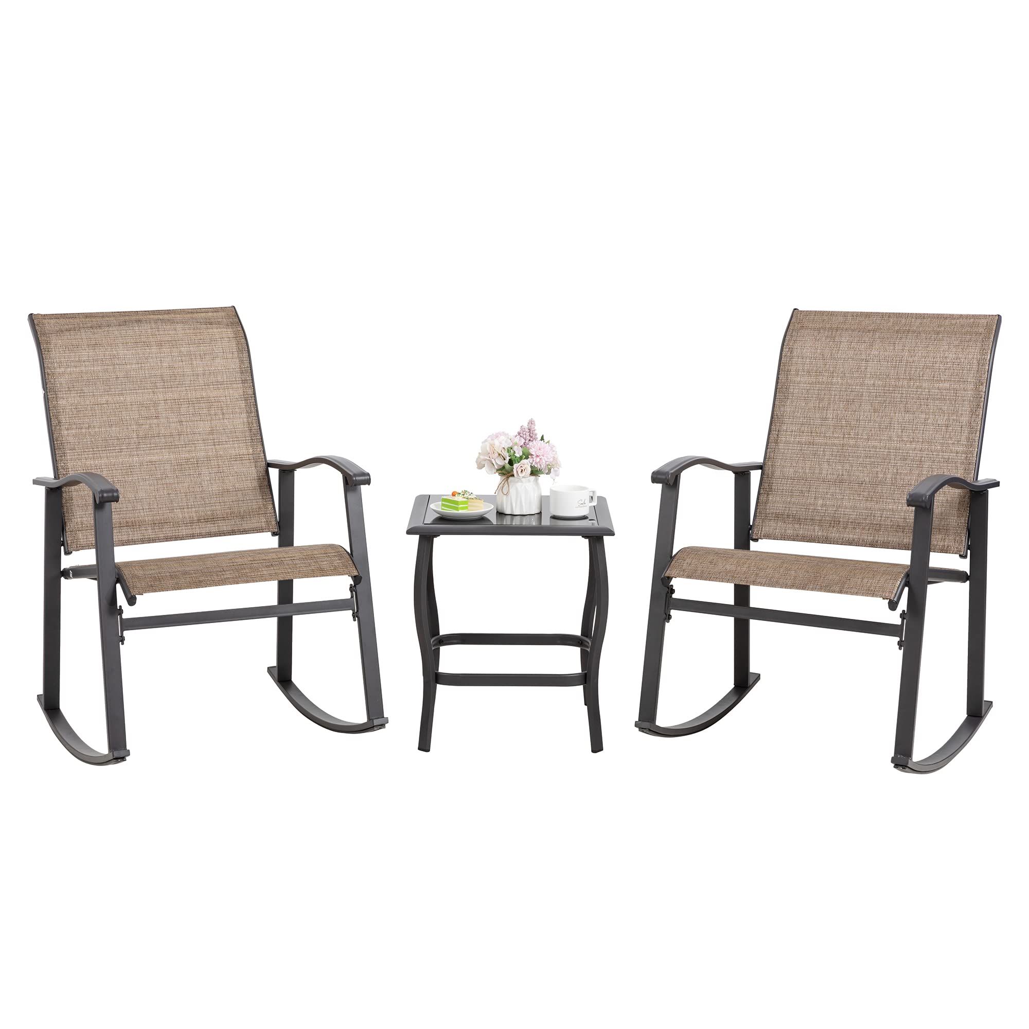 Shintenchi 3 Piece Rocking Bistro Set, Outdoor Furniture with Rocker Chairs and Glass coffee table set of 3, Balcony, Porch Furniture for Small Space, Brown