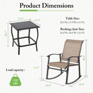 Shintenchi 3 Piece Rocking Bistro Set, Outdoor Furniture with Rocker Chairs and Glass coffee table set of 3, Balcony, Porch Furniture for Small Space, Brown